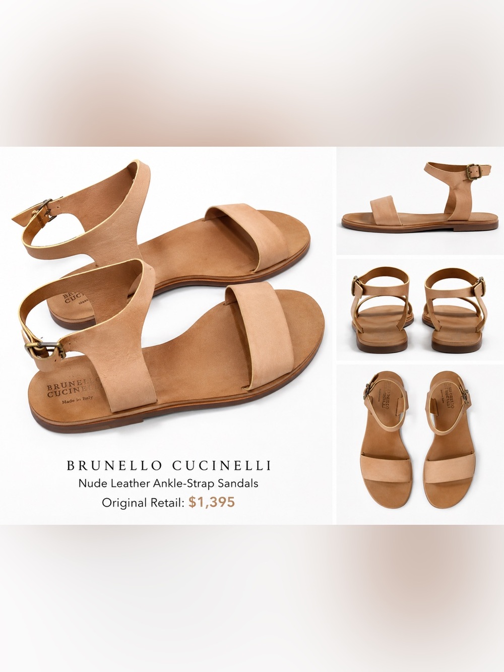 Brunello Cucinelli Nude Leather Ankle-Strap Sandals